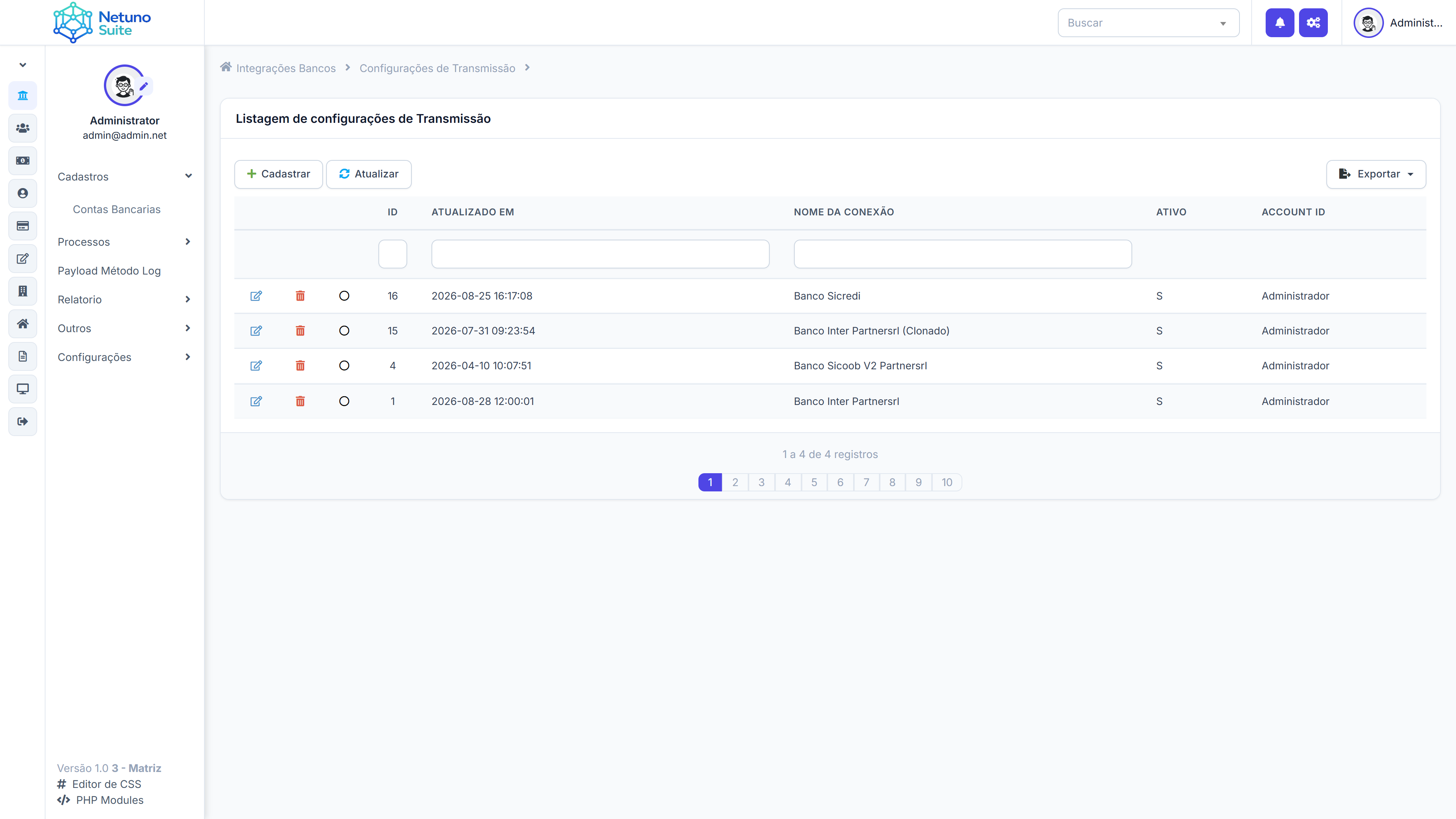 Configurações de Transmissão no Netuno Suite